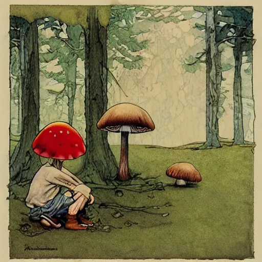 Image similar to lonely mushroom makes a friend, george kamitani, norman rockwell, dean cornwell, storybook illustration, arthur rackham, Artstation, Hyperdetailed, stylized, cel shading