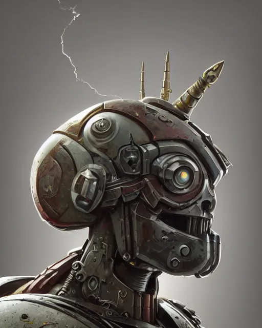 Image similar to hyper realistic portrait of heroic warhammer 4 0 k humanoid cyborg head, cinematic, chaos marine, khorne, artstation, cgsociety, full head and shoulders, greg rutkowski, james gurney, mignola, craig mullins, brom redshift, vray, octane