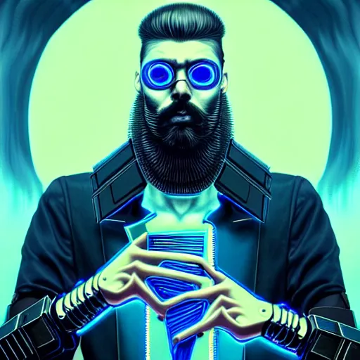 Image similar to bearded man with extremely large and intricate eye cyberpunk bionics with angry blue eyes and slim features looking askance, eye cyberpunk bionics, retro futurist style, intricate, elegant gleaming intricate baroque jewelry, angelic halo, highly detailed, digital painting, artstation, concept art, smooth, sharp focus, illustration, art by wlop, mars ravelo and greg rutkowski,