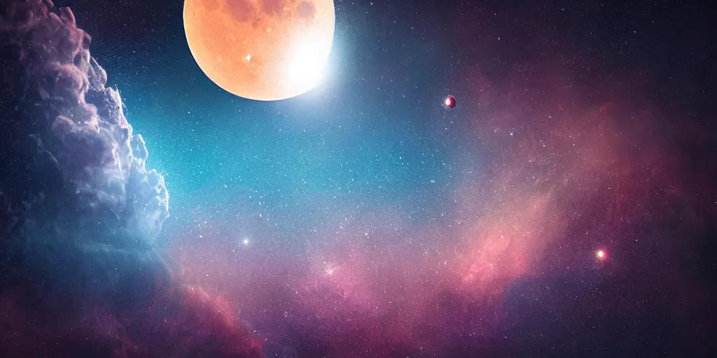 Image similar to moon setting, space, galaxy, milkyway, nebula, Mars, planets, neon, cinematic, realistic, glow, beautiful,