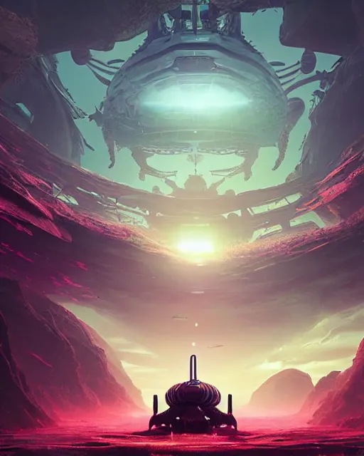 Image similar to alien temple, beautiful landscape, nier automata, protoss!!!!, machine planet, mothership in the sky, pink sun, tropical forest, colorful light, advanced technology, cinematic lighting, highly detailed, masterpiece, art by bastien grivet and darwin cellis and jan urschel