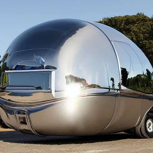 Image similar to an inflated stainless steel chrome Winnebago, solarpunk