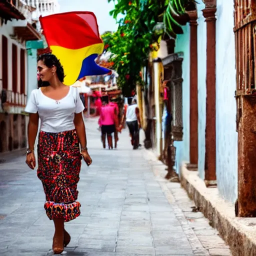 Prompt: Beautiful colombian woman walking in cartagena colombia streets