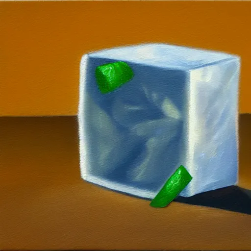 Prompt: oil painting of an ice cube in front of a slice of lime.