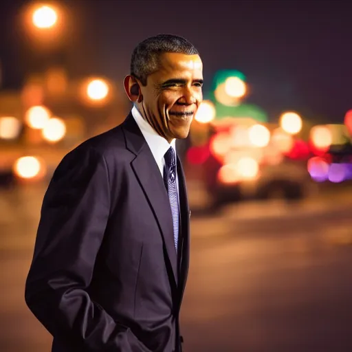 Image similar to a still of Barak Obama. Shallow depth of field. City at night in background, lights, colors ,studio lighting, mood, 4K. Profession photography