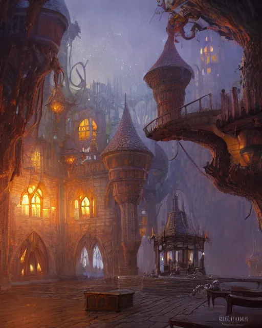 Image similar to big hazzle at the robust fantasy castle courtyard, calming, uplifting mood, ultra realistic, funny, small buildings, highly detailed, epic lighting, illuminated, cinematic, morning, art by eddie mendoza