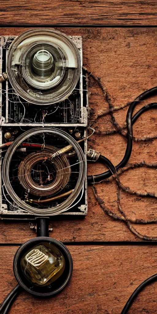 Prompt: A photo of a very old opened camera with vacuum tubes, film, capacitors and coils inside, on an old wooden table by Annie Lebovitz, Laura Letinsky and Steve McCurry, grungy, weathered Ultra detailed, hyper realistic, 4k