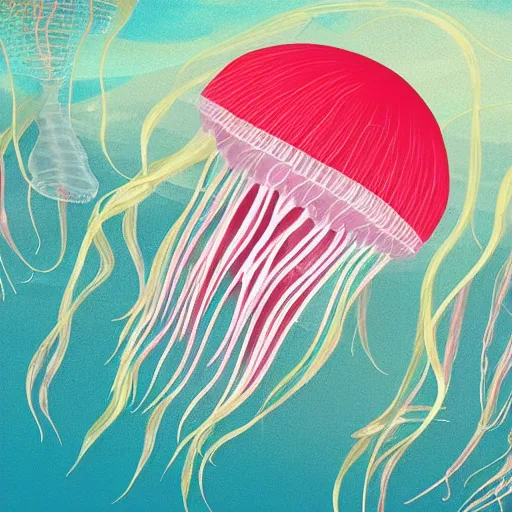 Prompt: hyperdetailed modern childrenbook illustration of a huge transparent!!! rose and white and transparent jellyfish, made of silk, swimming in the ocean. seen from the distance. transparent soft natural textures. matte background