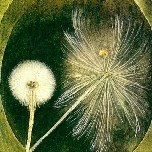 Image similar to a beautiful fairytale painting of a dandelion seed that is also a fluffy fairy. the dandelion seed is the body of the fairy. beautiful clear painting by arthur rackham