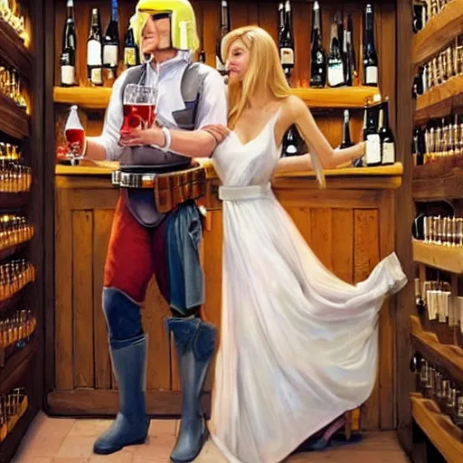 Image similar to blonde woman and Boba Fett drinking beer in a wine cellar, atmospheric, aphrodisiac, romantic, cozy, inviting, love, painting by Vladimir Volegov