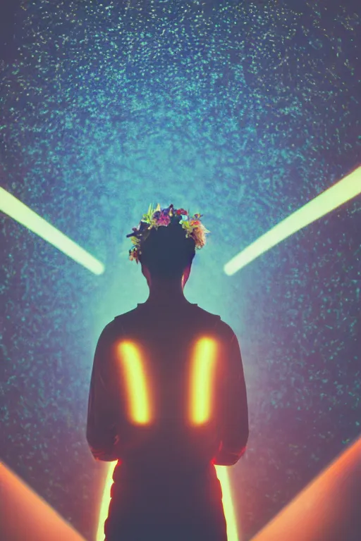 Image similar to agfa vista 4 0 0 photograph of a skinny guy on a spaceship, futuristic, synth vibe, vaporwave colors, lens flare, flower crown, back view, moody lighting, moody vibe, telephoto, 9 0 s vibe, blurry background, grain, vintage, tranquil, calm, faded!,