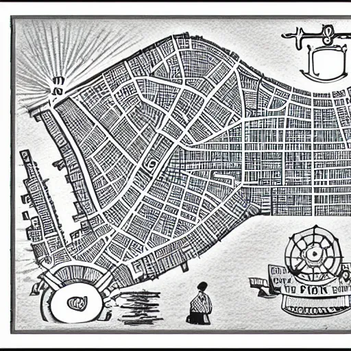 Prompt: hand drawn port city map, ancient