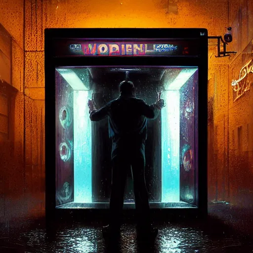 Image similar to a drenched man in a dark rainy alleyway standing in front of a vending machine that opened a portal into another dimension, vivid caustics, realistic photography, beautiful interior, hyperrealism, incredible, award - winning photography, by greg rutkowski, lovecraftian