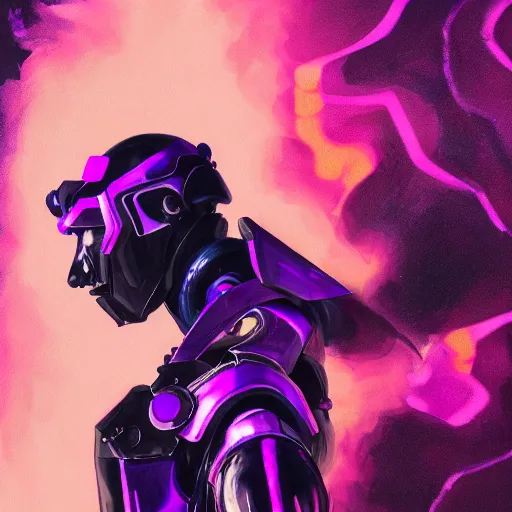 Prompt: Character design body made of purple fire, body with black and purple lava, mecha humanoid with cyberpunk bomber jacket, concept art character, royalty, smooth, sharp focus, organic, deep shadows by Jerad Marantz, hyperrealistic oil painting, 4k, studio lightning