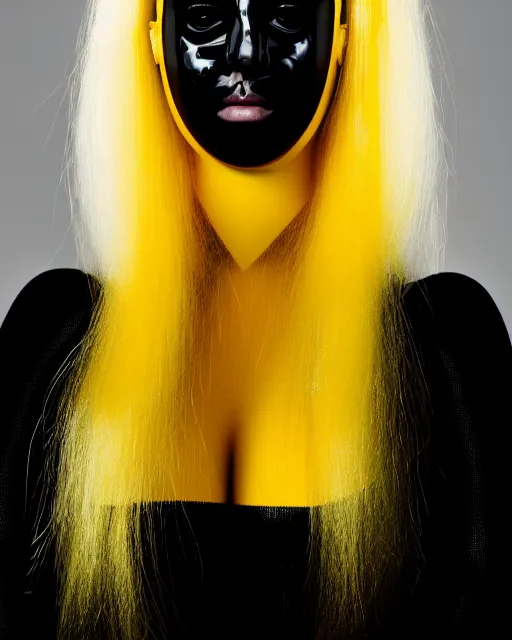 Image similar to symmetrical portrait of a woman wearing a translucent silicone beauty mask and yellow hair, wearing a black bodysuit by alexander mcqueen, black background, soft diffused light, biotechnology, humanoide robot, bjork aesthetic, translucent, by rineke dijkstra, intricate details, highly detailed, masterpiece,