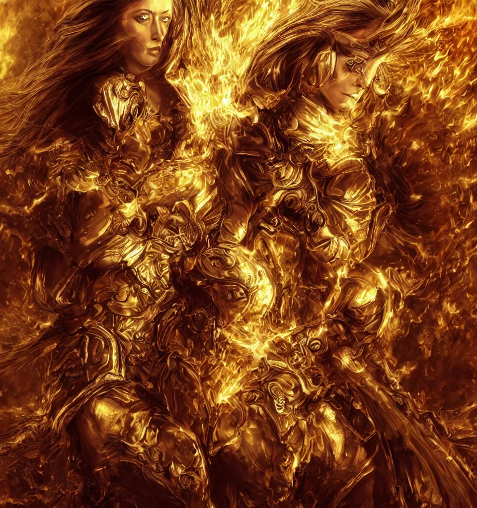Prompt: Close-up shot of a fiercely beautiful woman in golden angelic battle armor wielding a flaming sword, action shot, cinematic, epic, Soft lighting, attractive, highly detailed, trending on artbreeder