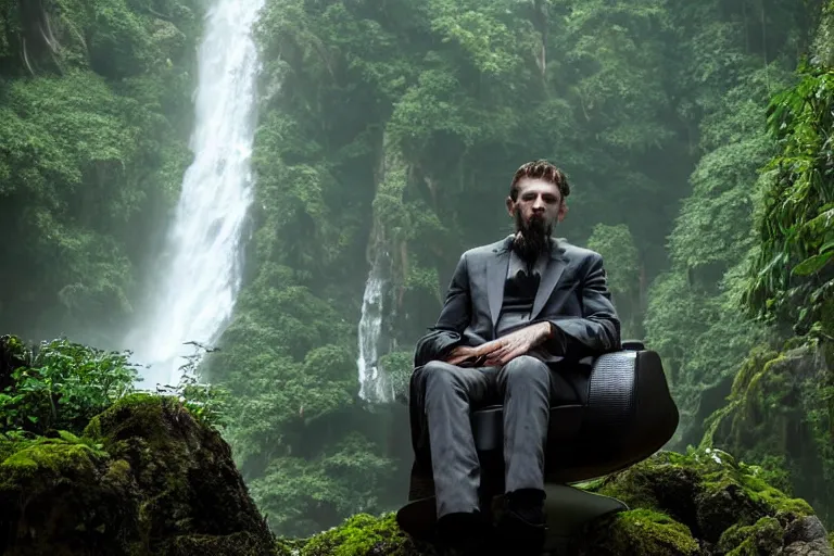 Image similar to movie closeup young man with a grey beard in a cyberpunk suit sitting on a futuristic chair at the edge of a jungle waterfall by emmanuel lubezki