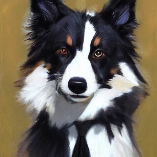 Image similar to a portrait of a cute male anthro border collie fursona wearing a suit. by henry asencio, jon foster, and ross tran. detailed, furry, glamor pose, aesthetic, beautiful, trending on artstation