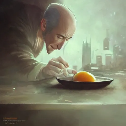 Prompt: an egg frying in a pan with edward norton's face in the yolk, concept art by greg rutkowski, artgerm