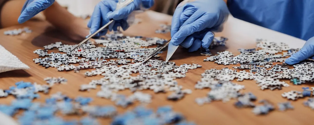 Prompt: a surgeon with realistic hands using a scalpel on a jigsaw puzzle on a table