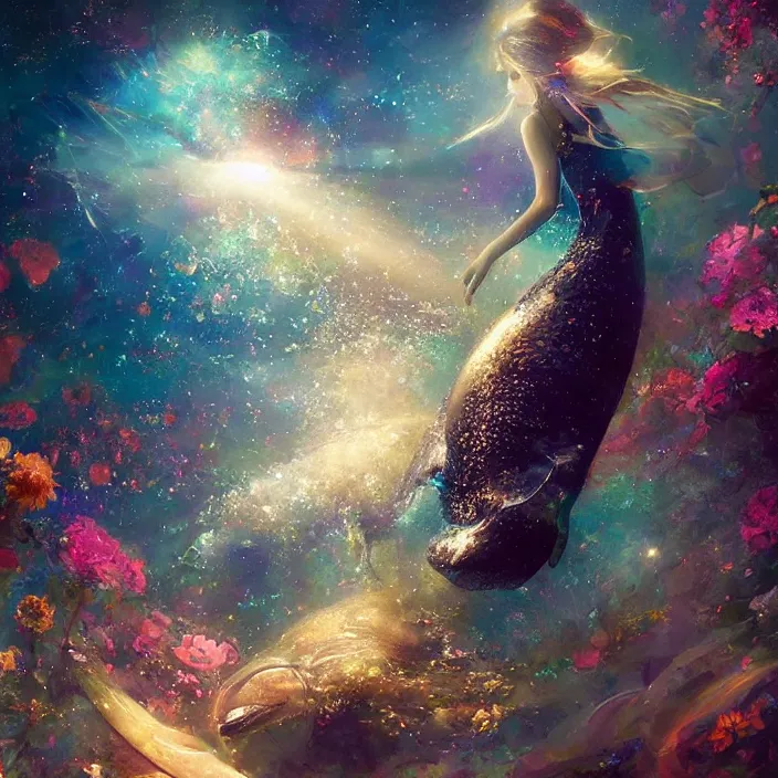 Image similar to glimmering whale, flowing dress, flowers, cosmos, milky way galaxy, golden hour, god rays, coral reef, dreamscape by artgerm and ruan jia and ismail inceoglu and greg olsen, masterpiece, beautiful, intricate, elegant, highly detailed