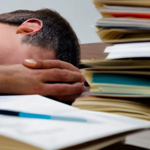 Image similar to a bizzaro worker asleep between piles of papers, high def