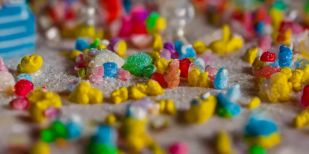 Image similar to a cinematic film still of a claymation stop motion film about a town made of lemons and candy, shallow depth of field, 8 0 mm, f 1. 8