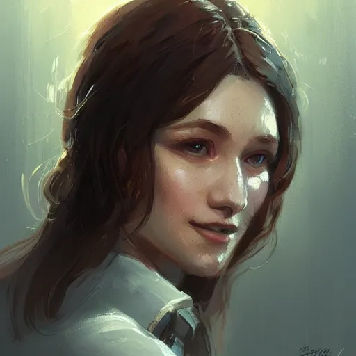 Image similar to portrait of a super friendly woman by greg rutkowski, he is about 2 9 years old, english, auburn shoulder length hair, brown eyes, cute face, highly detailed portrait, digital painting, artstation, concept art, smooth, sharp foccus ilustration, artstation hq