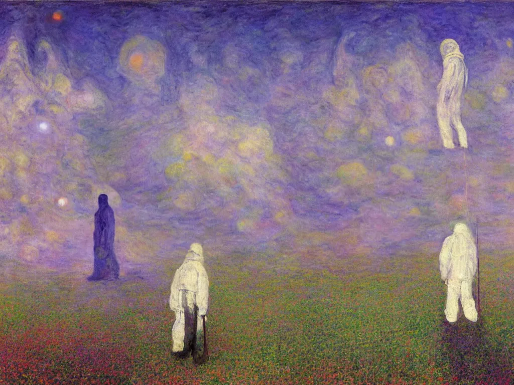 Image similar to man in white beekeeper suit looking at the psychedelics dream mothership over the sacred mountains. painting by mikalojus konstantinas ciurlionis, monet, bosch, wayne barlowe, agnes pelton, rene magritte