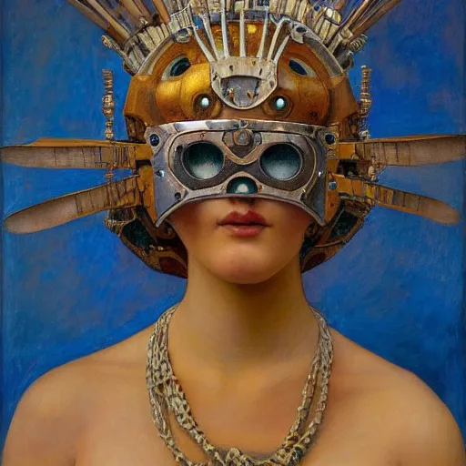 Image similar to the young robot queen with her feathered bird mask, by annie swynnerton and diego rivera and elihu vedder, symbolist, dramatic lighting, elaborate geometric ornament, head and shoulders view, art brut, soft cool colors, smooth, sharp focus, extremely detailed, adolf wolfli and donato giancola