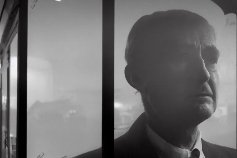 Image similar to an ultra realistic cinematic headshot portrait of an evil scientist, stood outside a corner shop, foggy, detailed, deep focus, movie still, dramatic lighting, by fay godwin