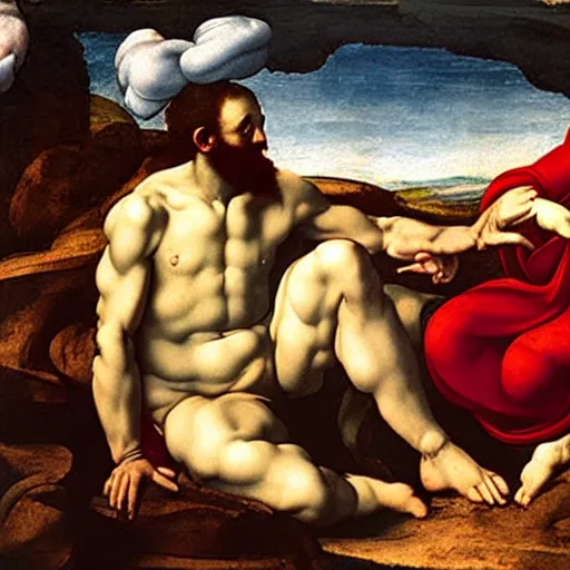 Image similar to the creation of adam painting by artist michelangelo