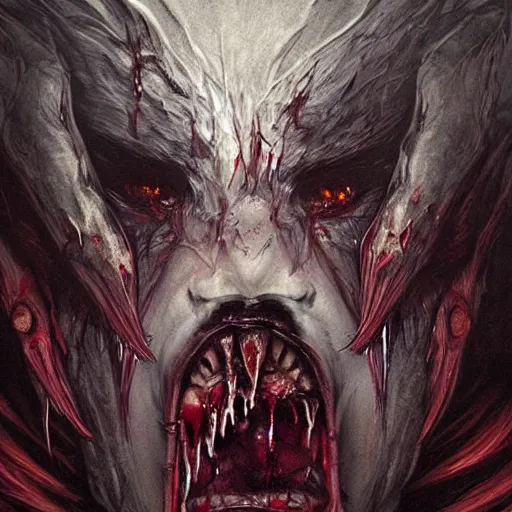 Image similar to Dark Fantasy Painting of a werewolf with blood dripping from its mouth, creepy, unsettling, horror, upper body, intricate, wild, highly detailed, digital painting, artstation, concept art, smooth, sharp focus, illustration, art by artgerm and greg rutkowski and alphonse mucha