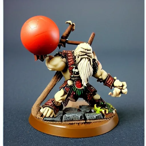 Image similar to warhammer miniature of a yeti holding a blood bowl ball