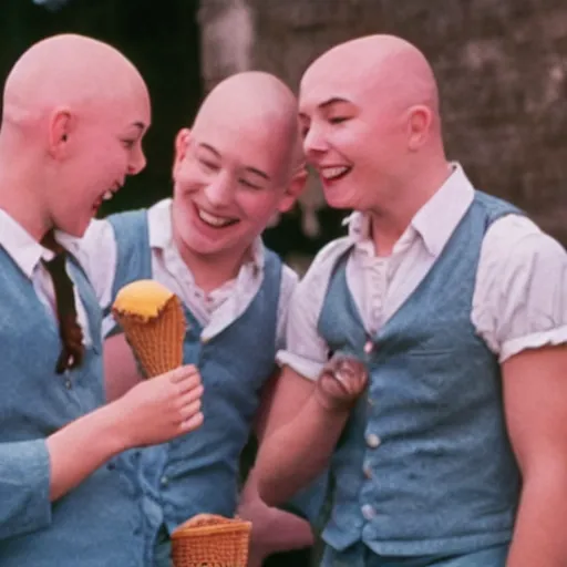 Prompt: skinheads with gently smiling eating ice cream, by Barry Lyndon