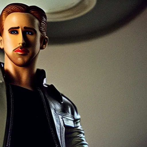 Image similar to amazing beautiful Ryan Gosling barbie doll wearing leather in the living room, film still from the movie directed by Denis Villeneuve , wide lens