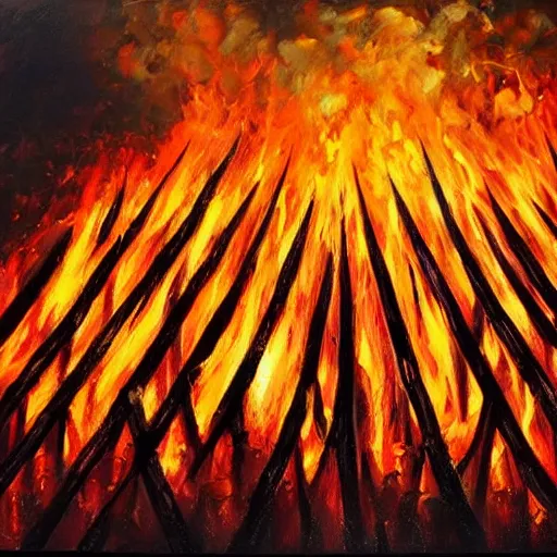 Image similar to hyper realistic oil painting of 10 thousand swords in a huge fire with embers rising up and war in the background