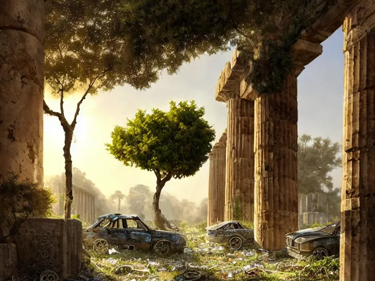 Image similar to tree growing in ancient greek ruins, gray wasteland, many scrap cars, plastic waste, rubble, pillars, flowers, vines, hyperrealistic, highly detailed, cinematic, single ray of golden sunlight, beautiful, cgssociety, artstation, 8 k, oil painting by greg rutkowski, by artgerm, by wlop