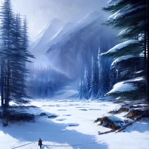 Prompt: a portal from beautiful chinese forest to alaskan tundra snow covered landscape painted by greg rutkowski, makati shinkai, james gurney, wlop