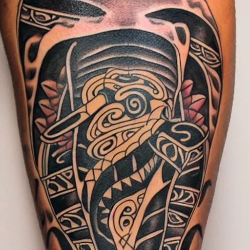 Image similar to A Maori tattoo depicting a shark, a guitar, some roses and gold coins