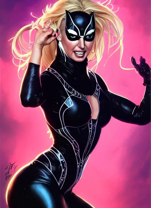 Image similar to britney spears as marvel's black cat, intricate, elegant, glowing lights, highly detailed, digital painting, artstation, glamor pose, concept art, smooth, sharp focus, illustration, art by artgerm and greg rutkowski, artey freytag