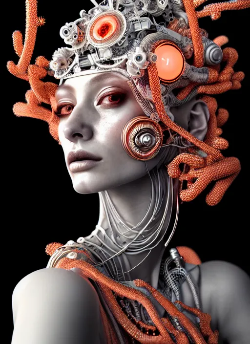 Image similar to portrait of an absurdly beautiful, graceful, sophisticated, fashionable cyberpunk mechanoid, hyperdetailed illustration by irakli nadar and alexandre ferra, intricate linework, white porcelain skin, faberge, coral headdress, unreal engine 5 highly rendered, global illumination, radiant light, detailed and intricate environment