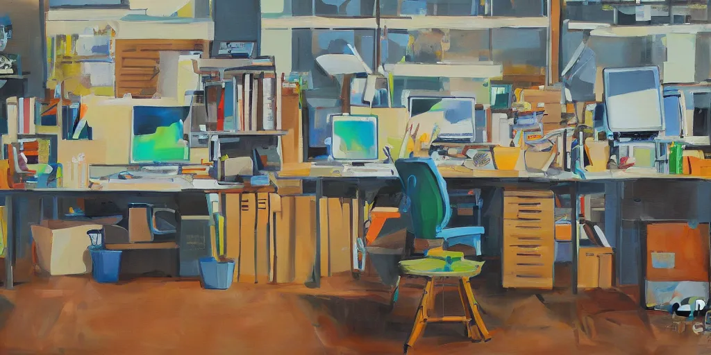 Image similar to painting workplace, art style by bryen frost