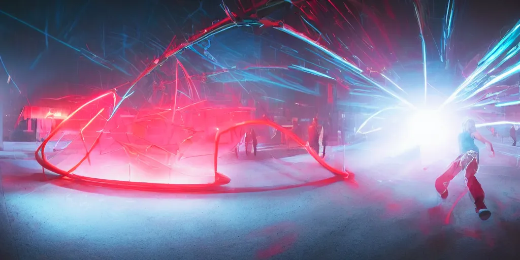 Image similar to slow motion with trail effect of futuristic break dancers, long exposure shot , bullet time effect, at night there is fog and a giant red neon triangle emitting energy, paddle of water, steam, water splashes, rim lights, glossy reflections, water droplets on lens, octane render, detailed and soft, 10mm fisheye