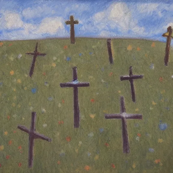 Prompt: crosses on gravel hill from distance, childrens drawing