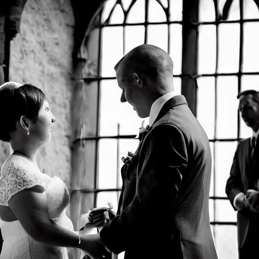 Prompt: a rhinoceros wearing a tiny suit in a wedding chapel, photo realistic, black and white, detailed, cinematic lighting