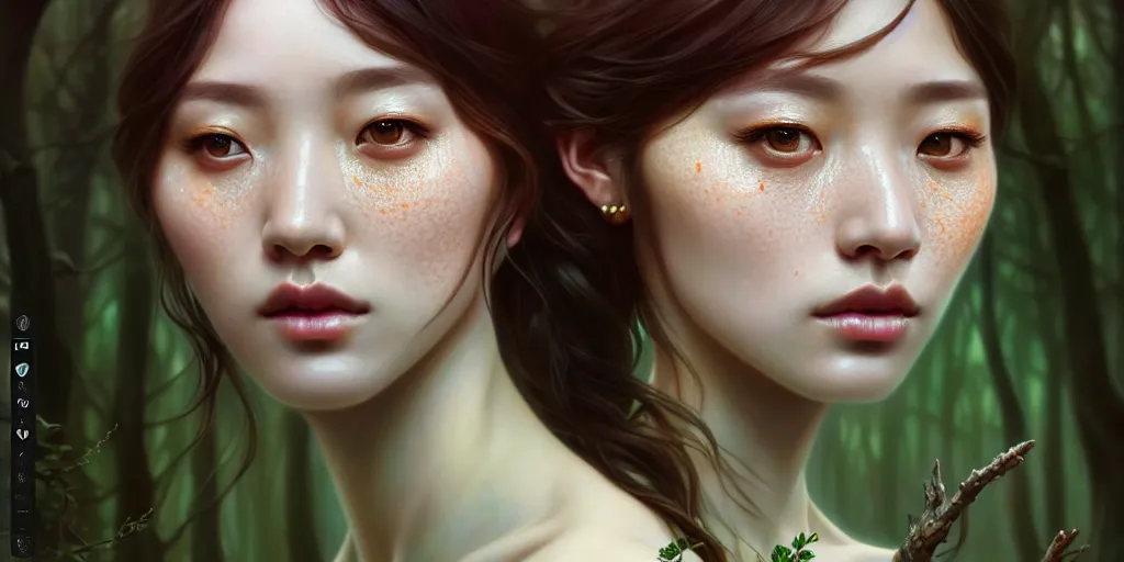 Image similar to beautiful digital painting of a hoyeon jung stylish female forest with high detail, real life skin, freckles, 8 k, stunning detail, works by artgerm, greg rutkowski and alphonse mucha, unreal engine 5, 4 k uhd