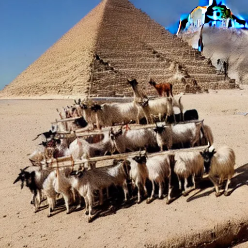 Image similar to pyramid of stacked goats shot from drone