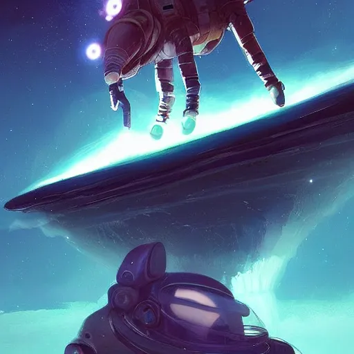 Image similar to Astronauts are riding some mytical animals, they are floating over the rings of a gas planet, the star of the planetary system and nebulas are as background, by Jordan Grimmer digital art, trending on Artstation,