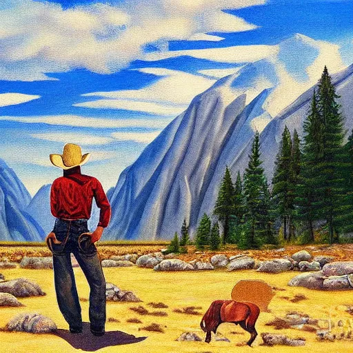 Prompt: surreal painting from a cowboy without a horse in front of the rocky mountains